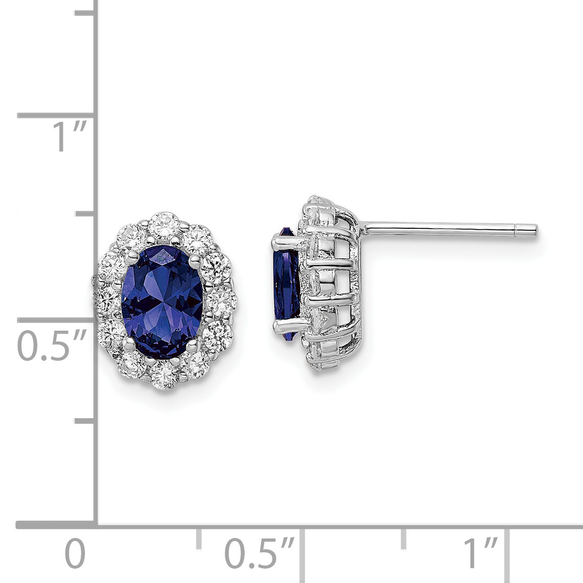 Sterling Silver Rhodium-plated Polished Blue & White CZ Oval Post Earrings