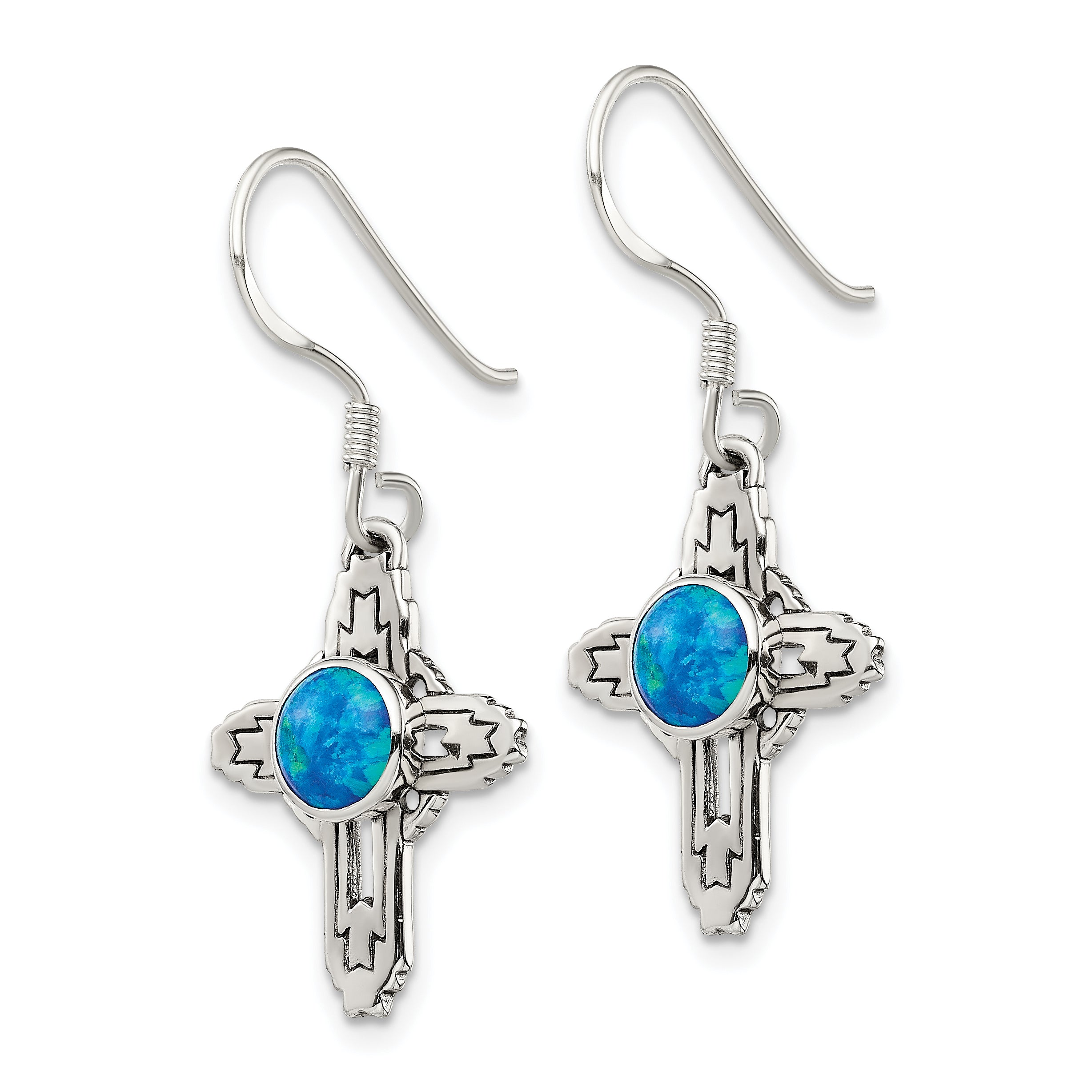 Sterling Silver Polished & Antiqued Blue Created Opal Cross Dangle Earrings