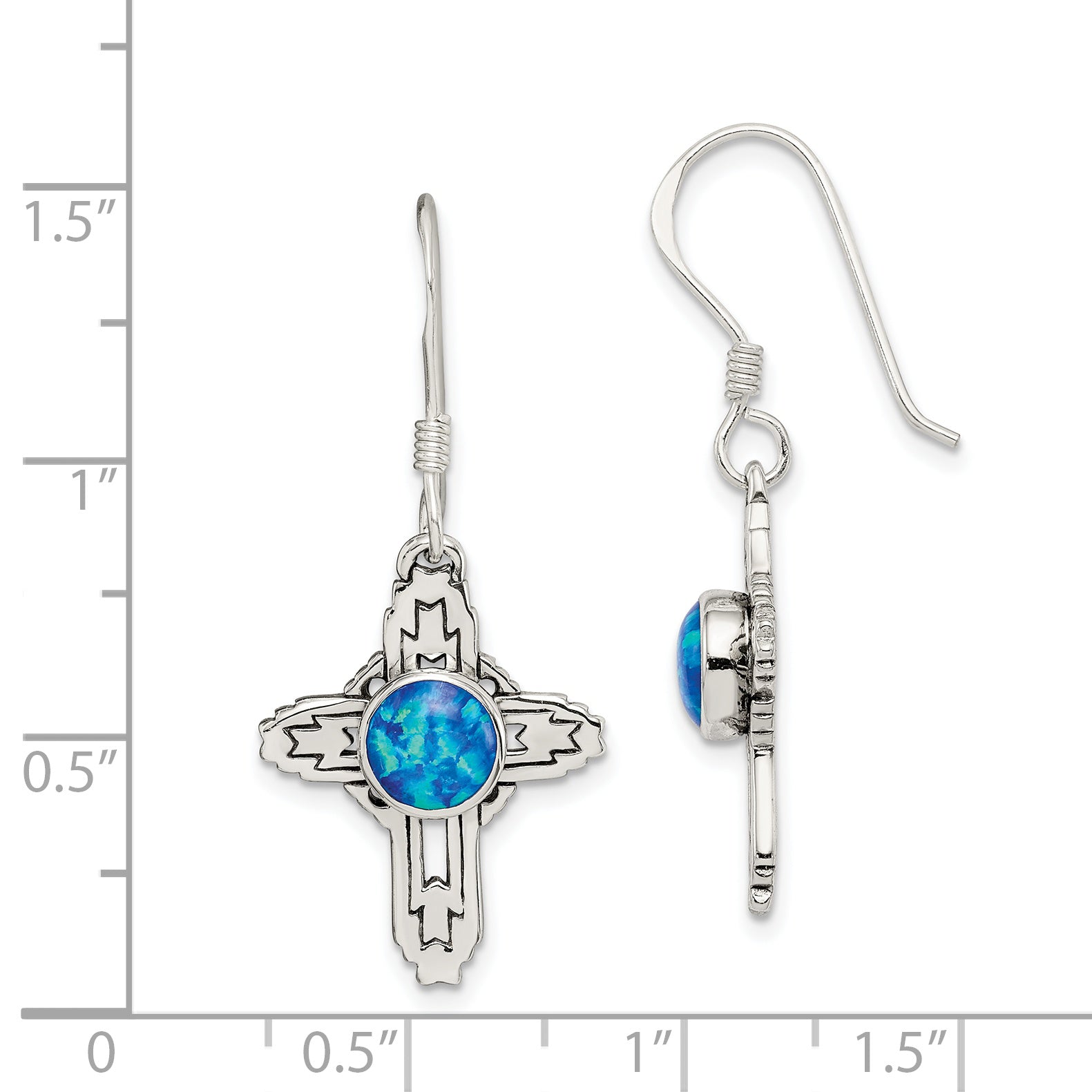 Sterling Silver Polished & Antiqued Blue Created Opal Cross Dangle Earrings