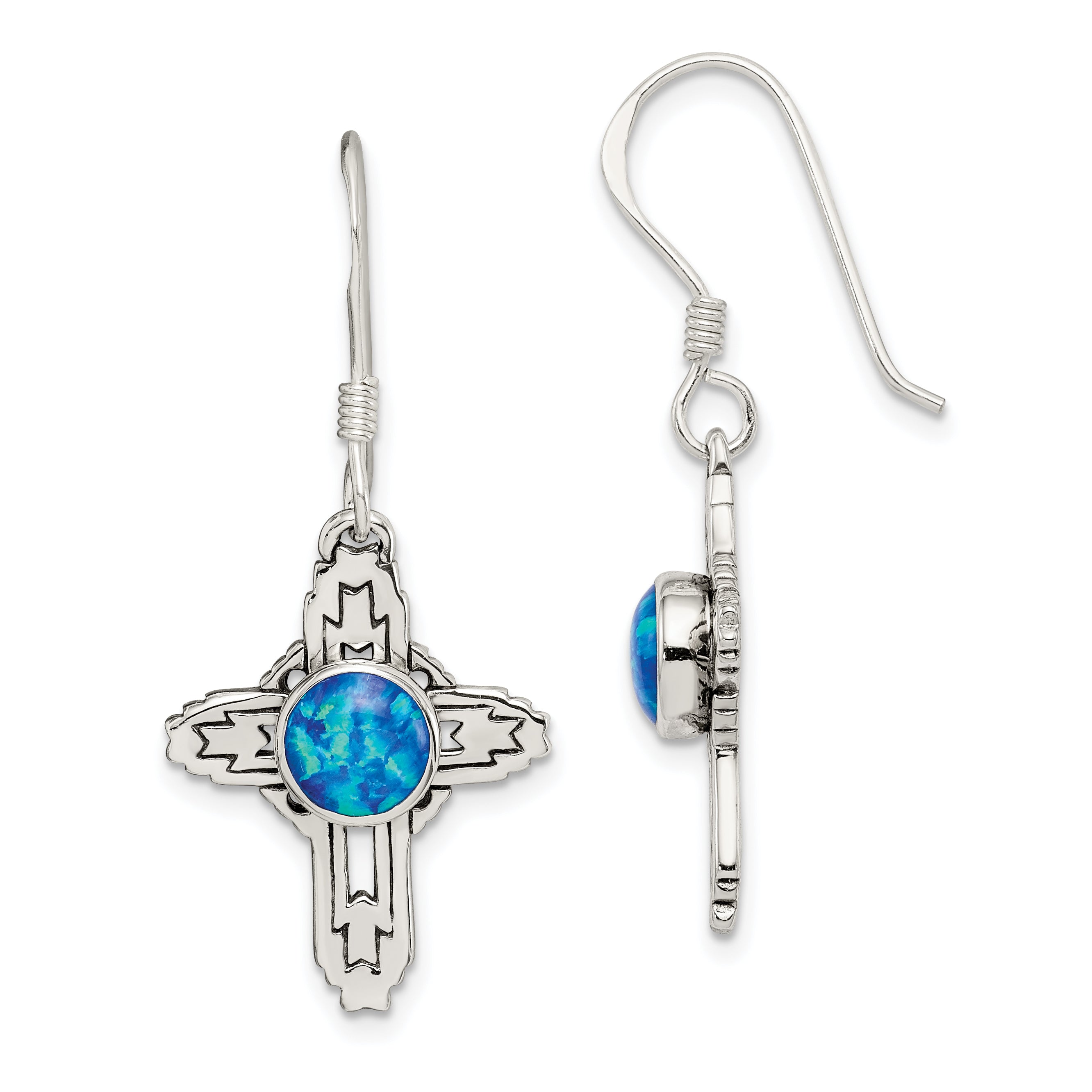 Sterling Silver Polished & Antiqued Blue Created Opal Cross Dangle Earrings