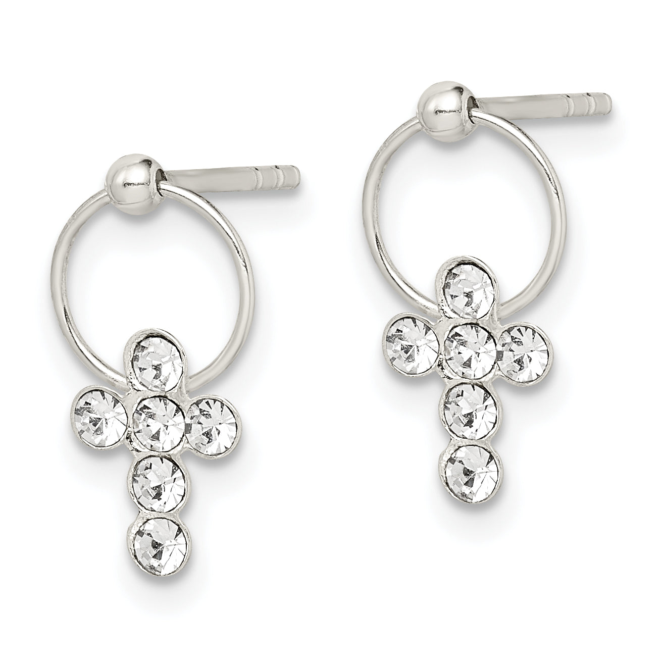 Sterling Silver Polished CZ Cross Circle Post Dangle Earrings