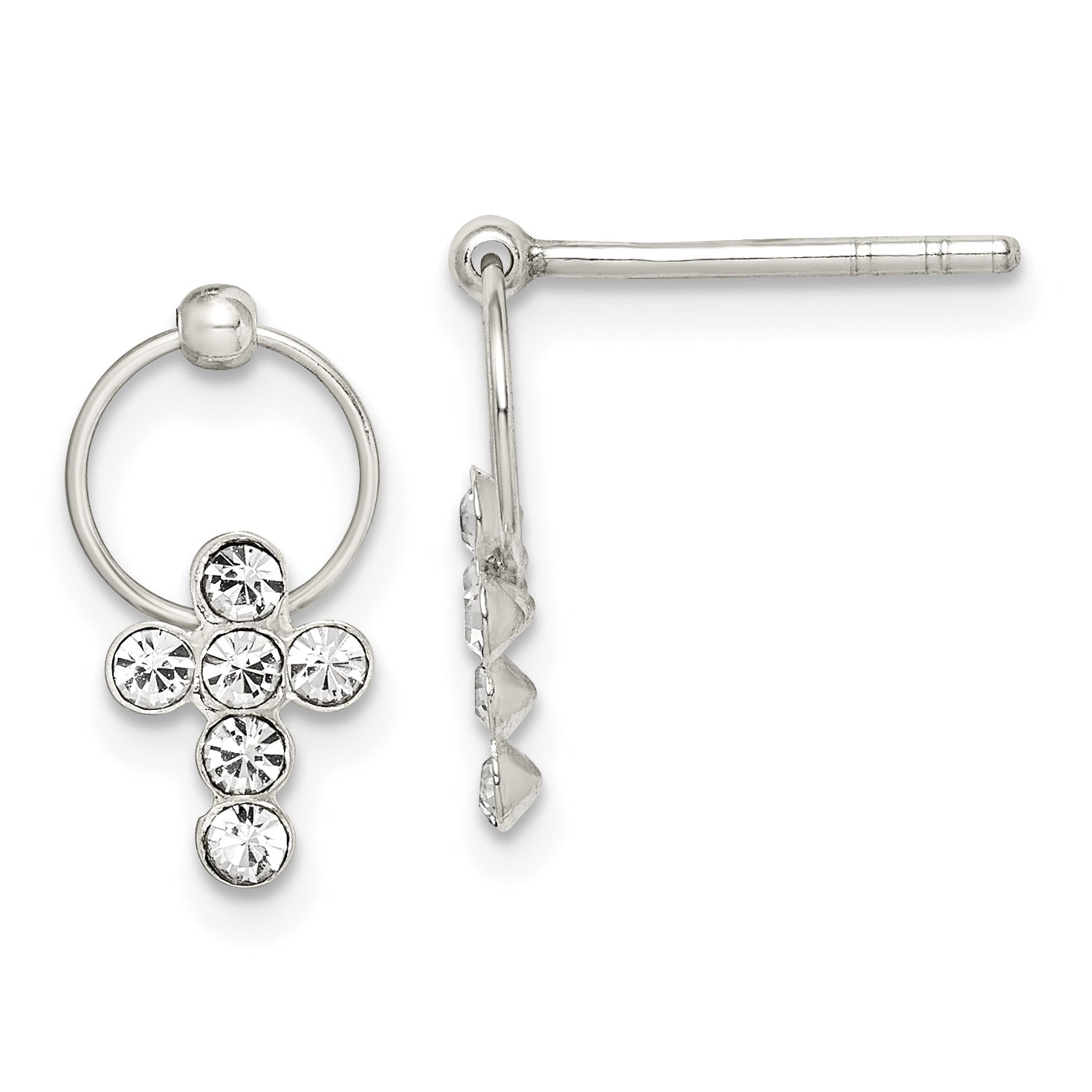 Sterling Silver Polished CZ Cross Circle Post Dangle Earrings