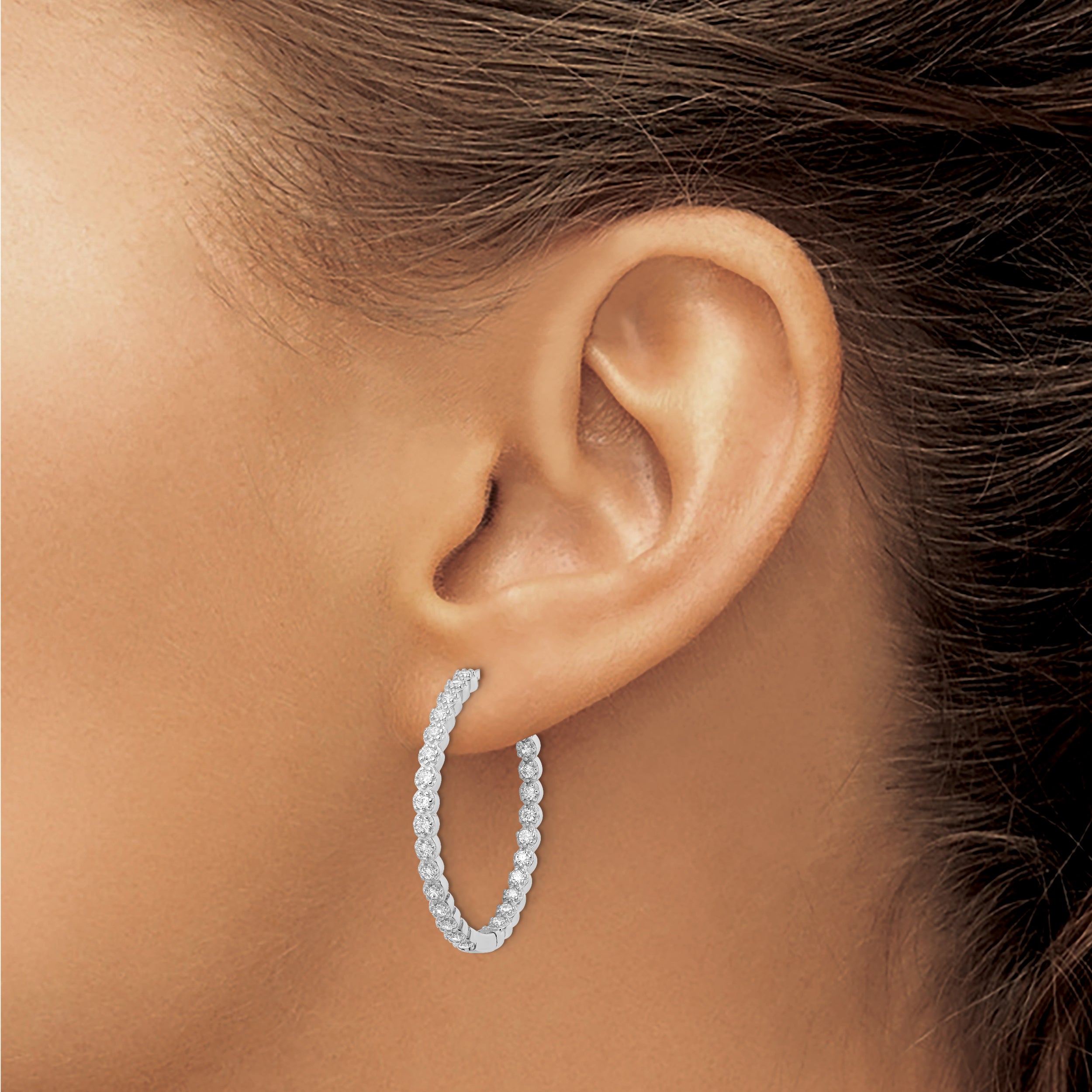 Sterling Silver Polished Rhodium-plated In & Out CZ Hinged Hoop Earrings