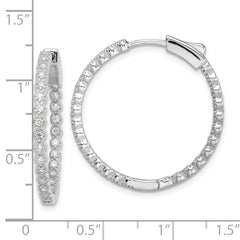 Sterling Silver Polished Rhodium-plated In & Out CZ Hinged Hoop Earrings