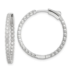 Sterling Silver Polished Rhodium-plated In & Out CZ Hinged Hoop Earrings