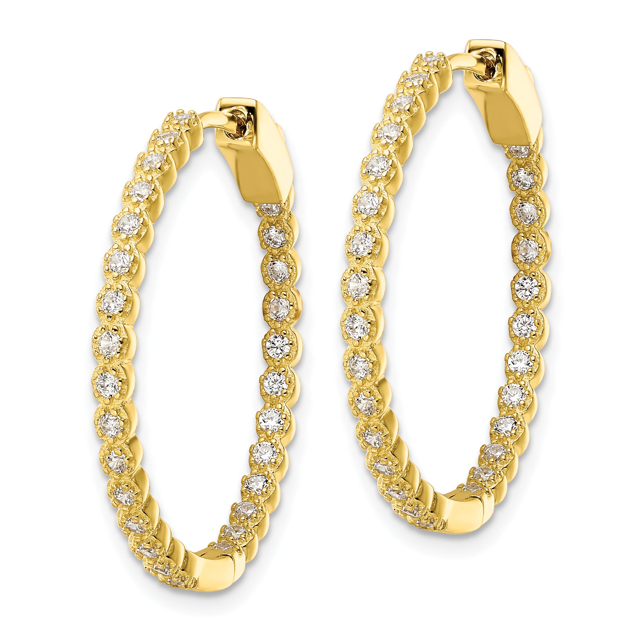 Sterling Silver Polished Gold-tone In & Out CZ Hinged Hoop Earrings