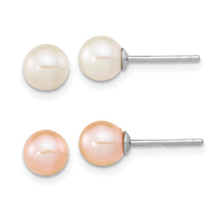 Sterling Silver Rh-pl 6-7mm Set of 2 White/Pink Round FWC Pearl Earrings