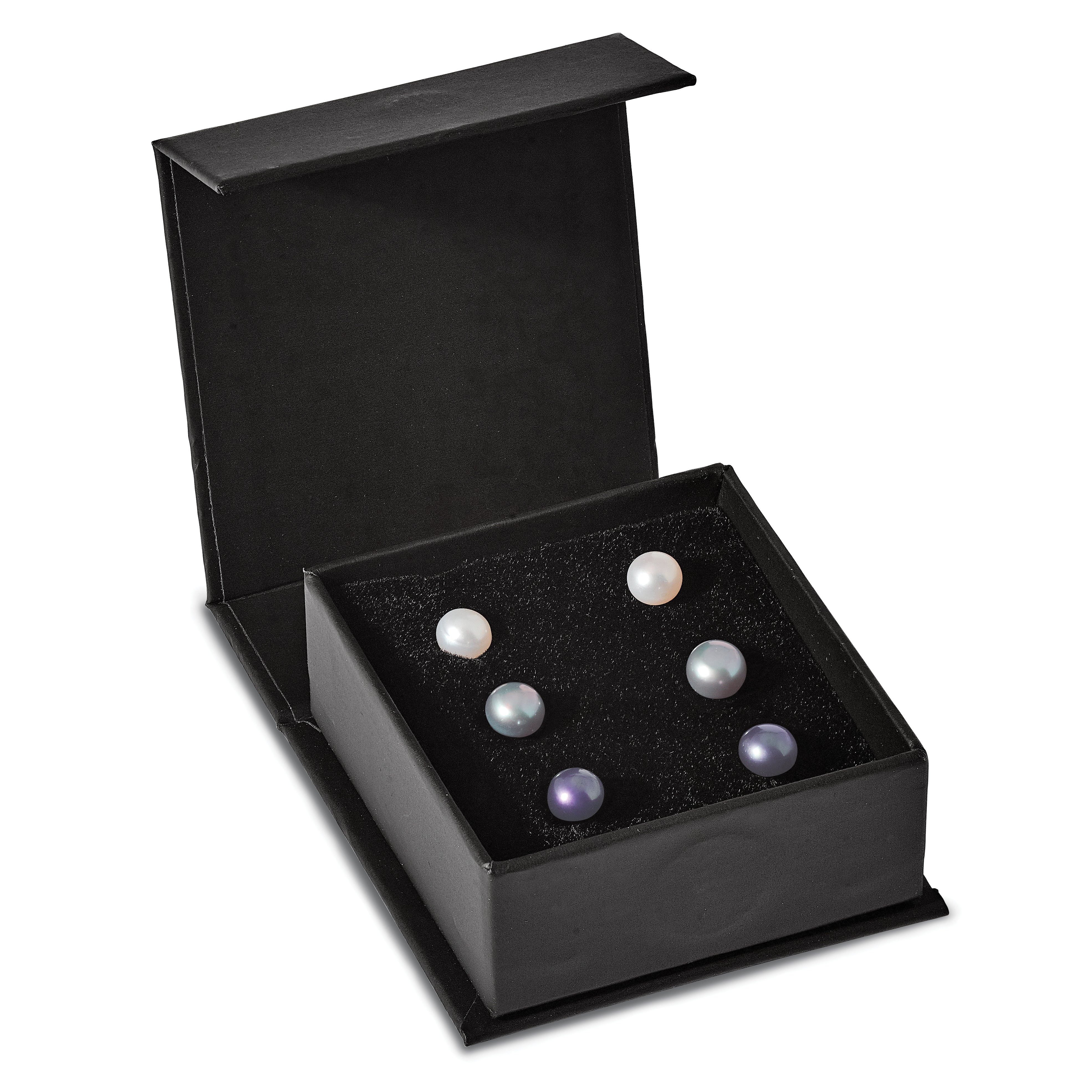 Sterling Silver Rh-pl 6-7mm Set of 3 Wt/Bk/Grey Round FWC Pearl Earrings