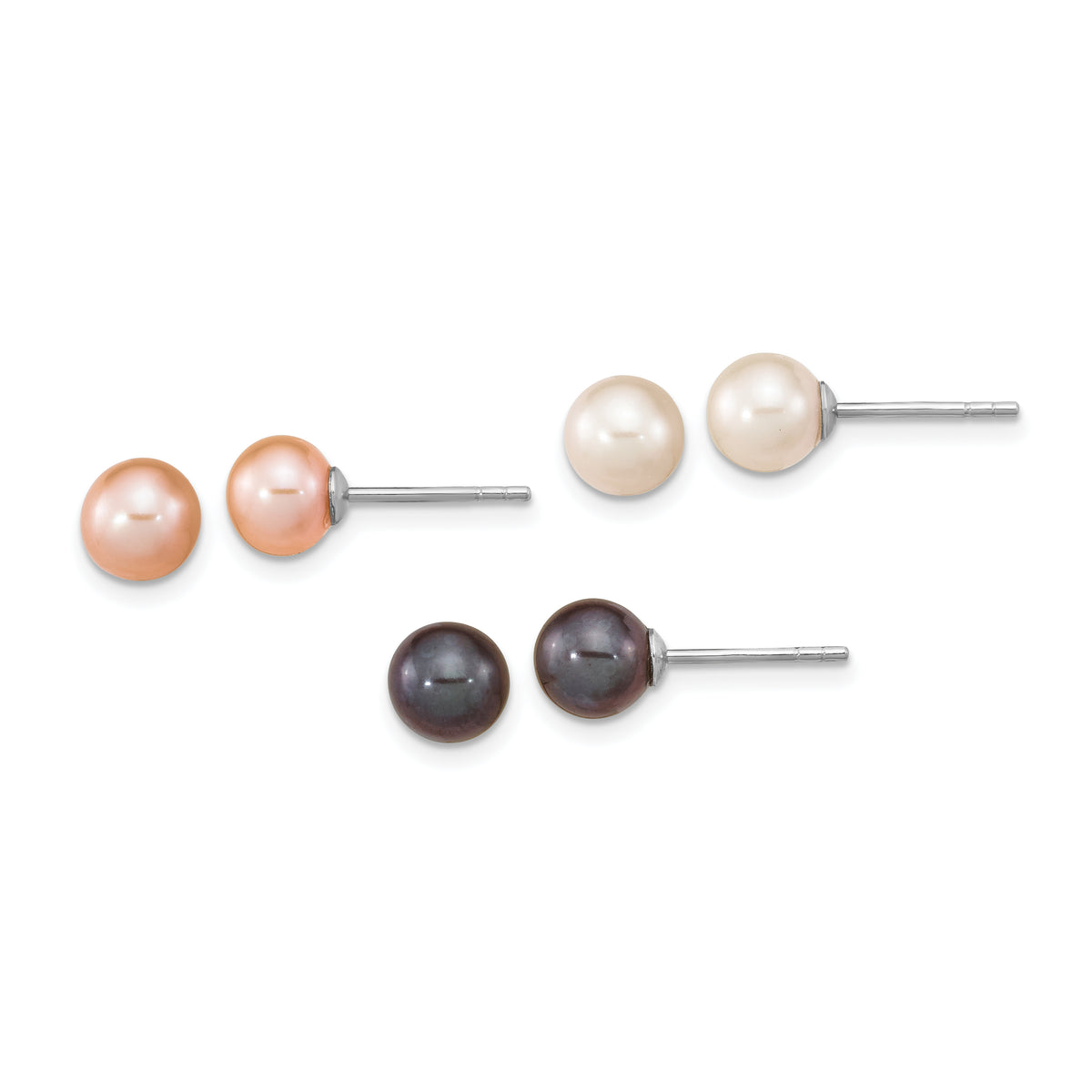 Sterling Silver Rh-pl 6-7mm Set of 3 Wt/BK/Pink Round FWC Pearl Earrings