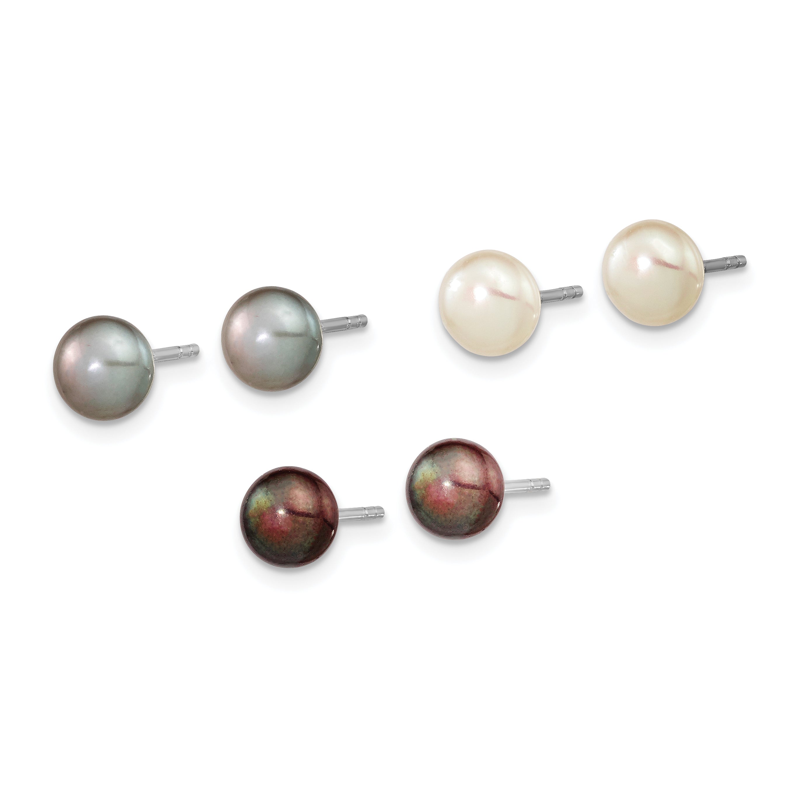 Sterling Silver Rh-pl 6-7mm Set of 3 Wt/Bk/Grey Button FWC Pearl Earrings