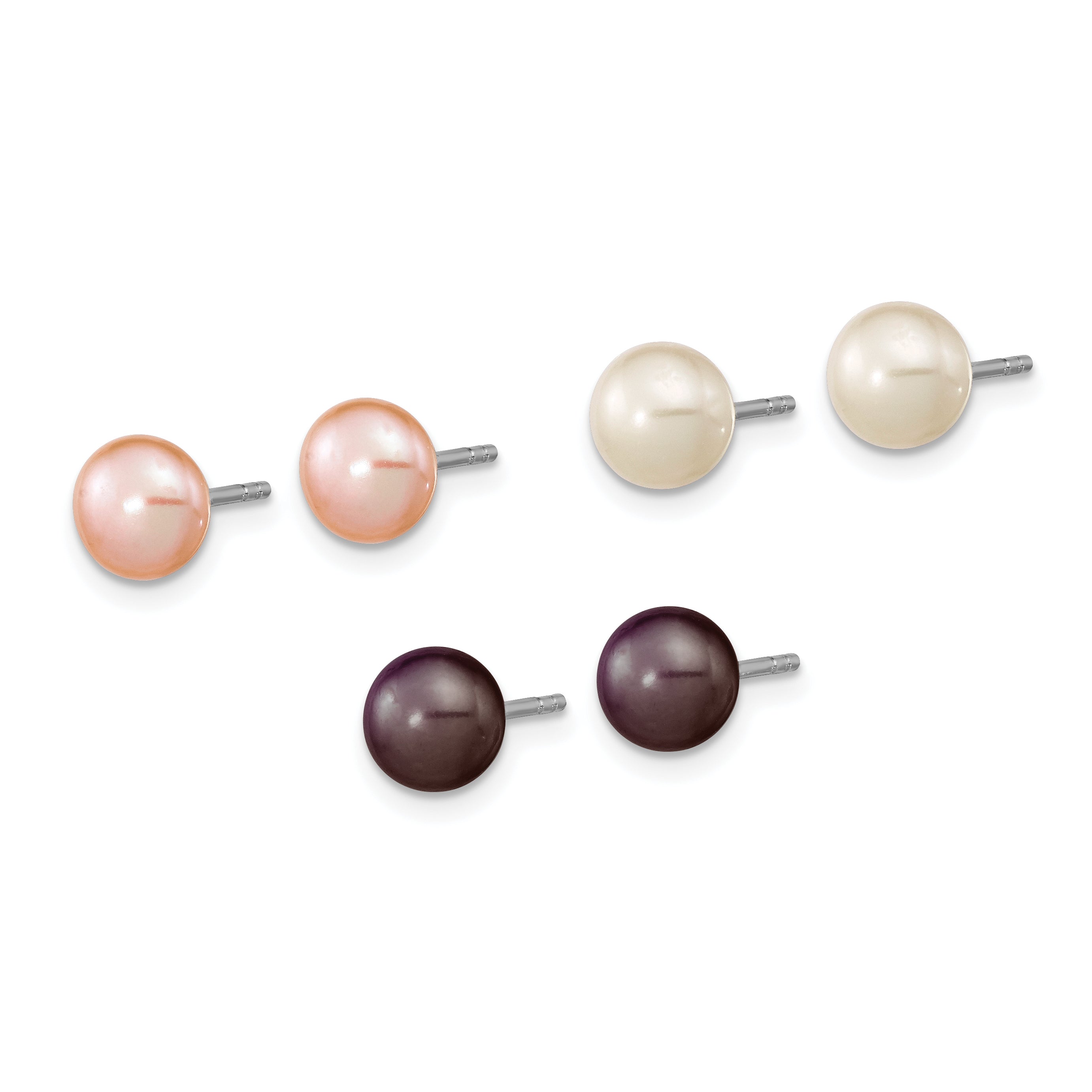 Sterling Silver Rh-pl 6-7mm Set of 3 Wt/Purp/Pnk Button FWC Pearl Earrings