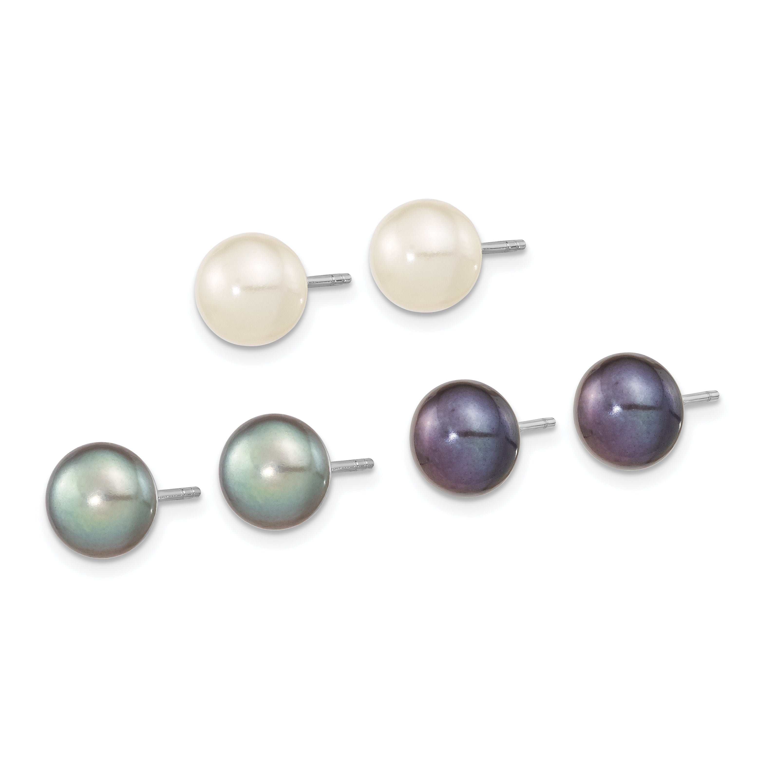 Sterling Silver Rh-pl 8-9mm Set of 3 Wt/Bk/Grey Button FWC Pearl Earrings