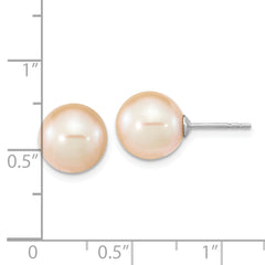 Sterling Silver Rhodium-plated 9-10mm Pink Round FWC Pearl Post Earrings