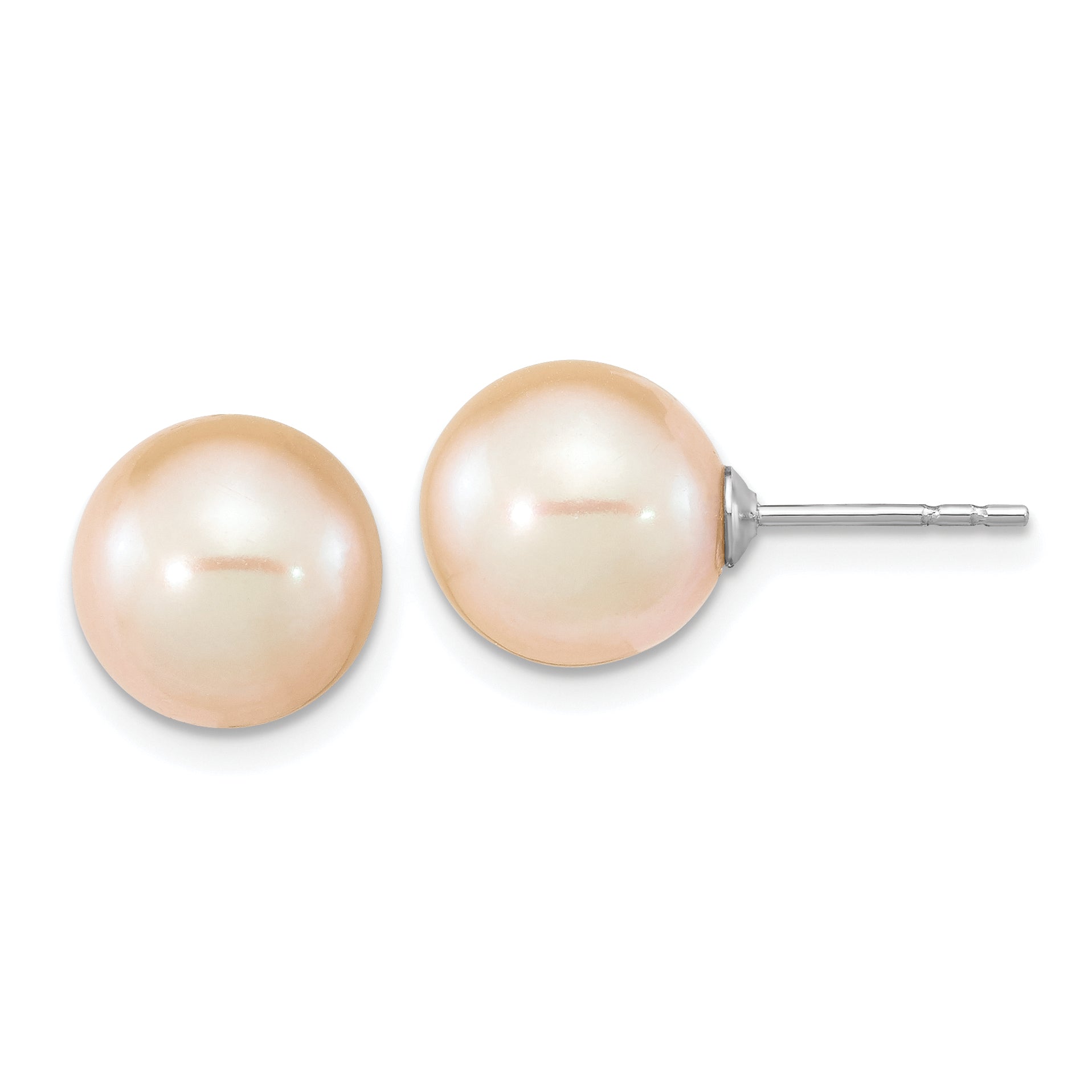 Sterling Silver Rhodium-plated 9-10mm Pink Round FWC Pearl Post Earrings