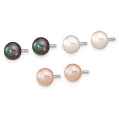 Sterling Silver Rh-pl 6-7mm Set of 3 Wt/BK/Pink Button FWC Pearl Earrings