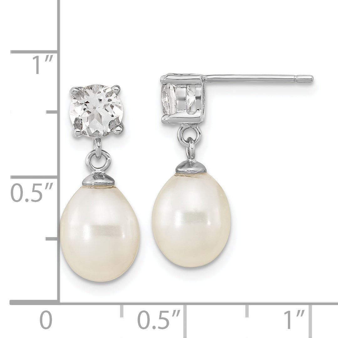 Sterling Silver Rh-pl W. Topaz 7-10mm Wht Teardrop FWC Pearl Earrings