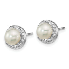 Sterling Silver Rho-plated CZ 6-7mm White Button FWC Pearl Post Earrings