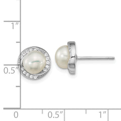 Sterling Silver Rho-plated CZ 6-7mm White Button FWC Pearl Post Earrings