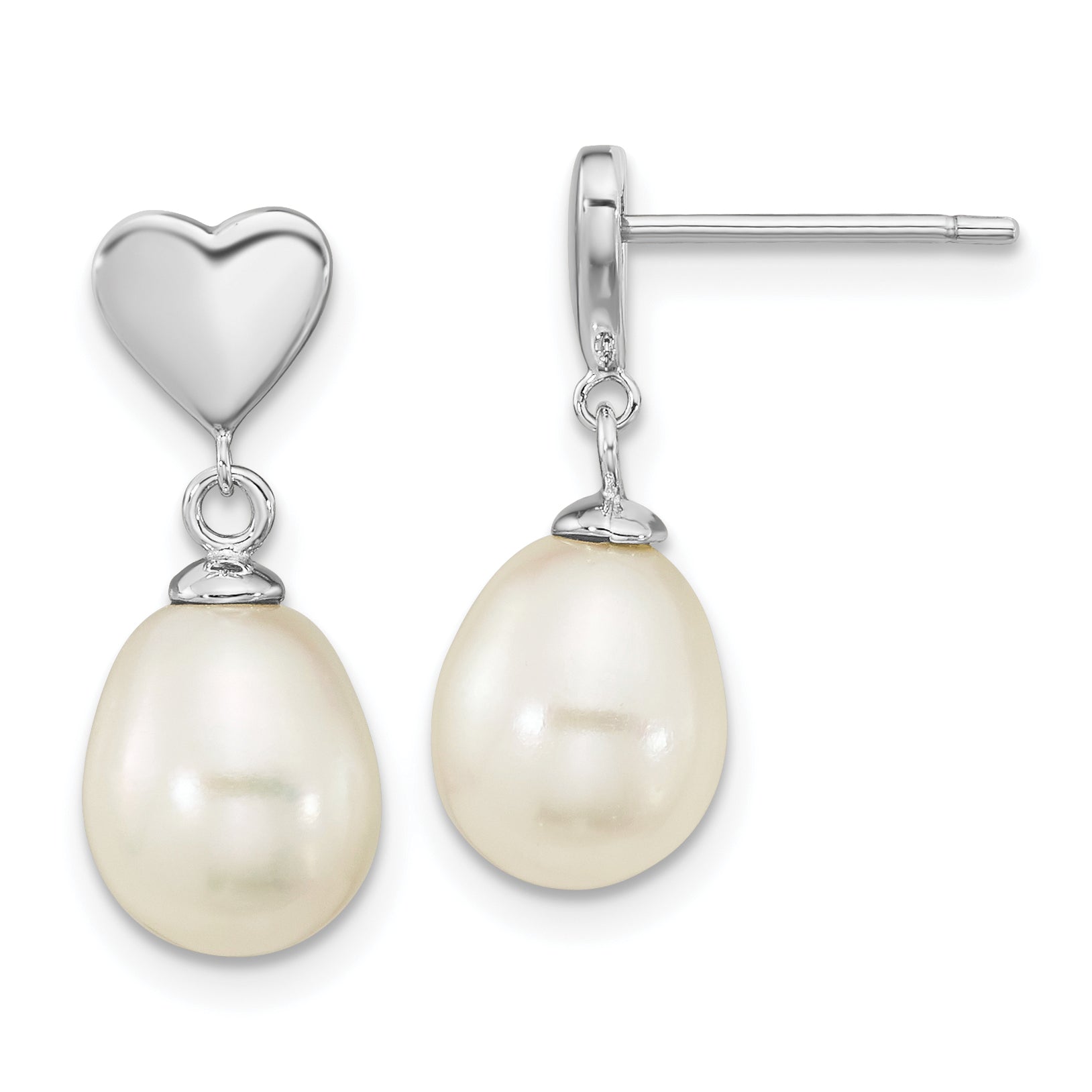 Sterling Silver Rho-plated 7x9mm White Teardrop FWC Pearl Dangle Earrings