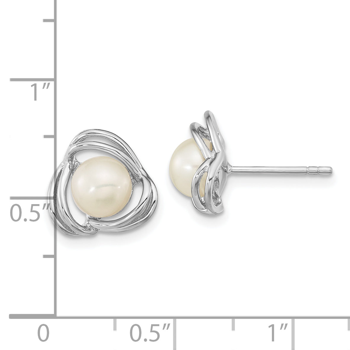 Sterling Silver Rhod-plated 6-7mm White Button Knot Post Earrings