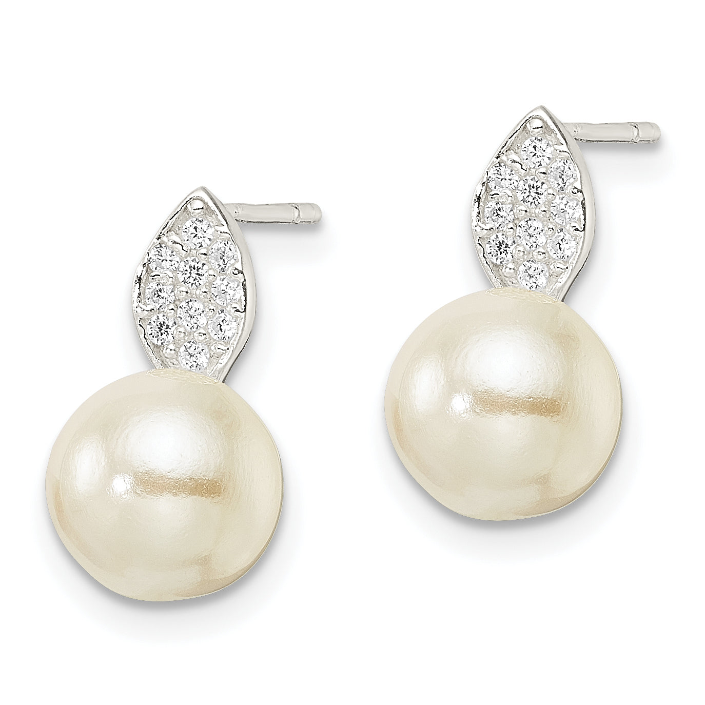 Sterling Silver CZ and 7-8mm Imitation Shell Pearl Post Earrings