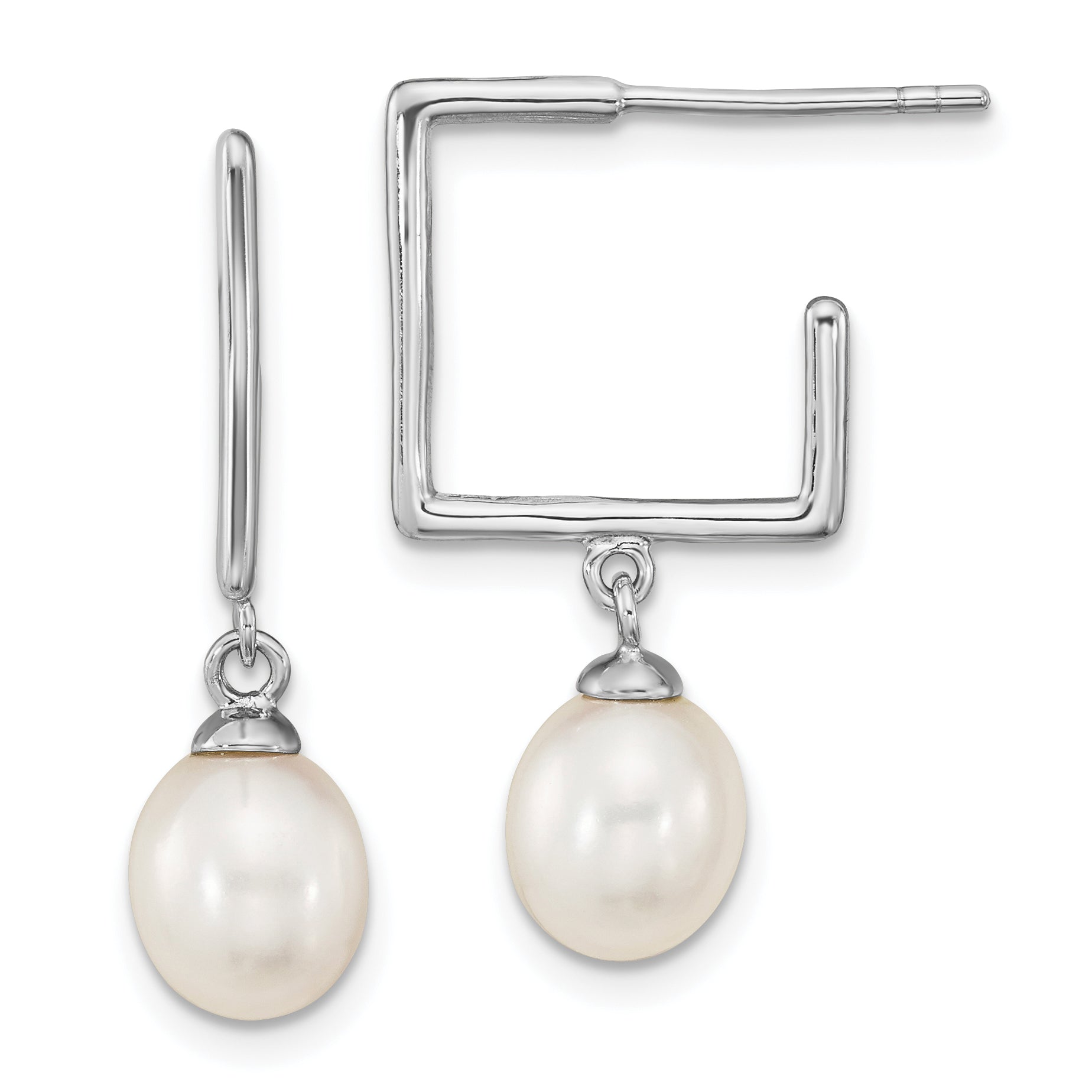 Sterling Silver Rhodium-plated 7-8mm White Rice FWC Pearl Square Earrings