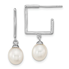 Sterling Silver Rhodium-plated 7-8mm White Rice FWC Pearl Square Earrings