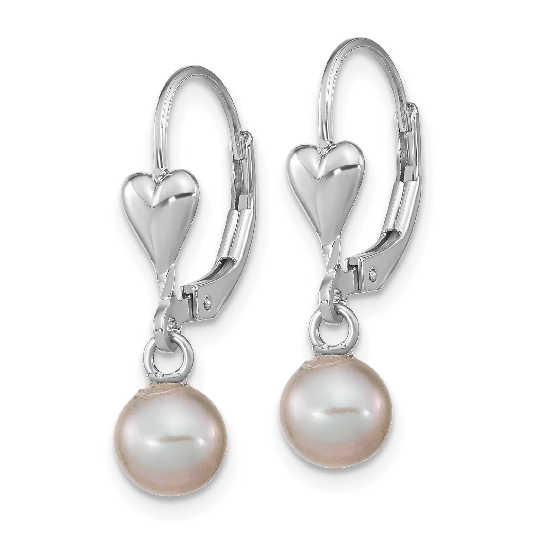 Sterling Silver Rhodium-plated Polished 6-7mm Grey Freshwater Cultured Pearl Heart Leverback Dangle Earrings