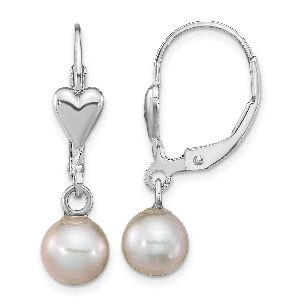 Sterling Silver Rhodium-plated Polished 6-7mm Grey Freshwater Cultured Pearl Heart Leverback Dangle Earrings