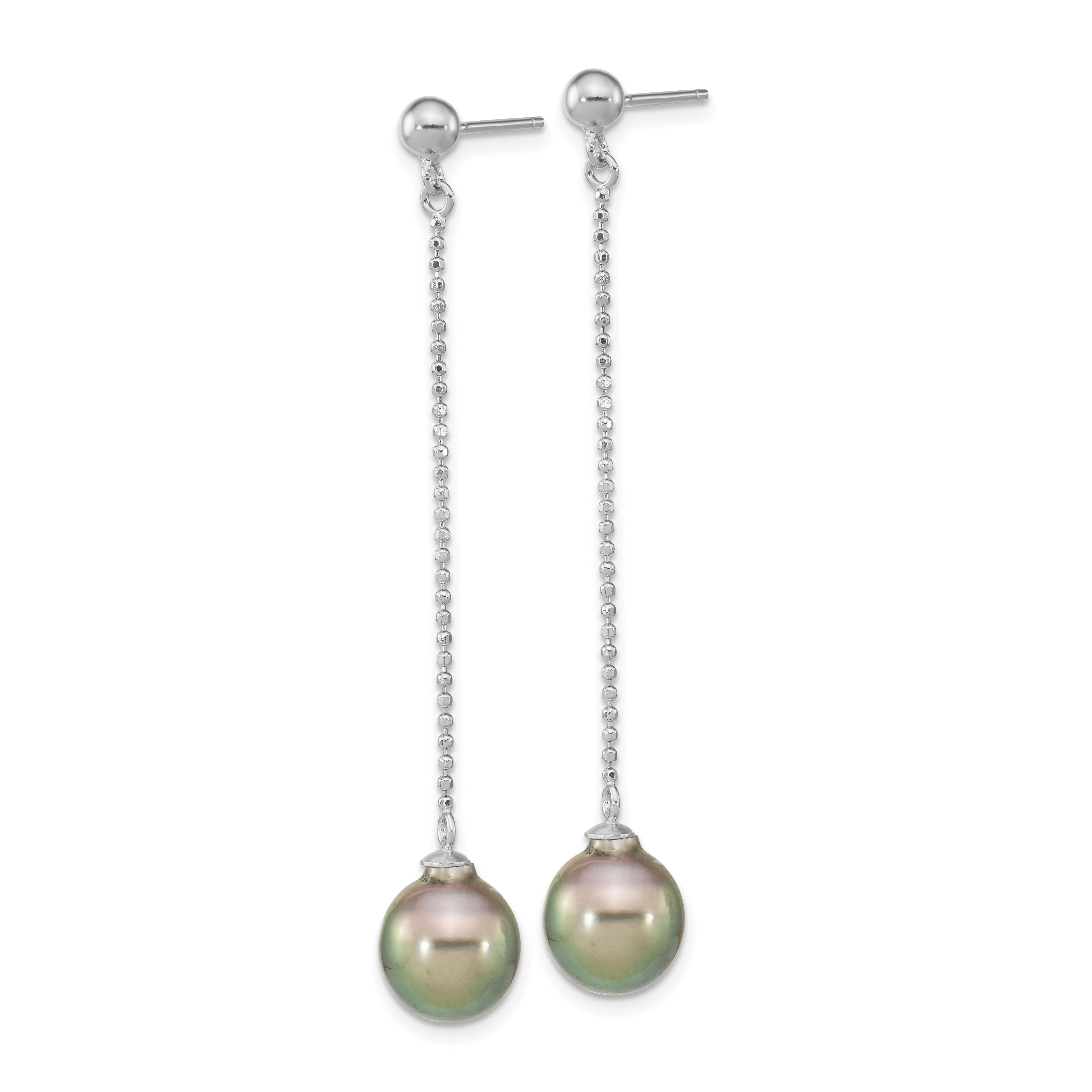 Sterling Silver Rhodium-plated Polished & Beaded 9-10mm Tahitian Saltwater Pearl Post Dangle Earrings