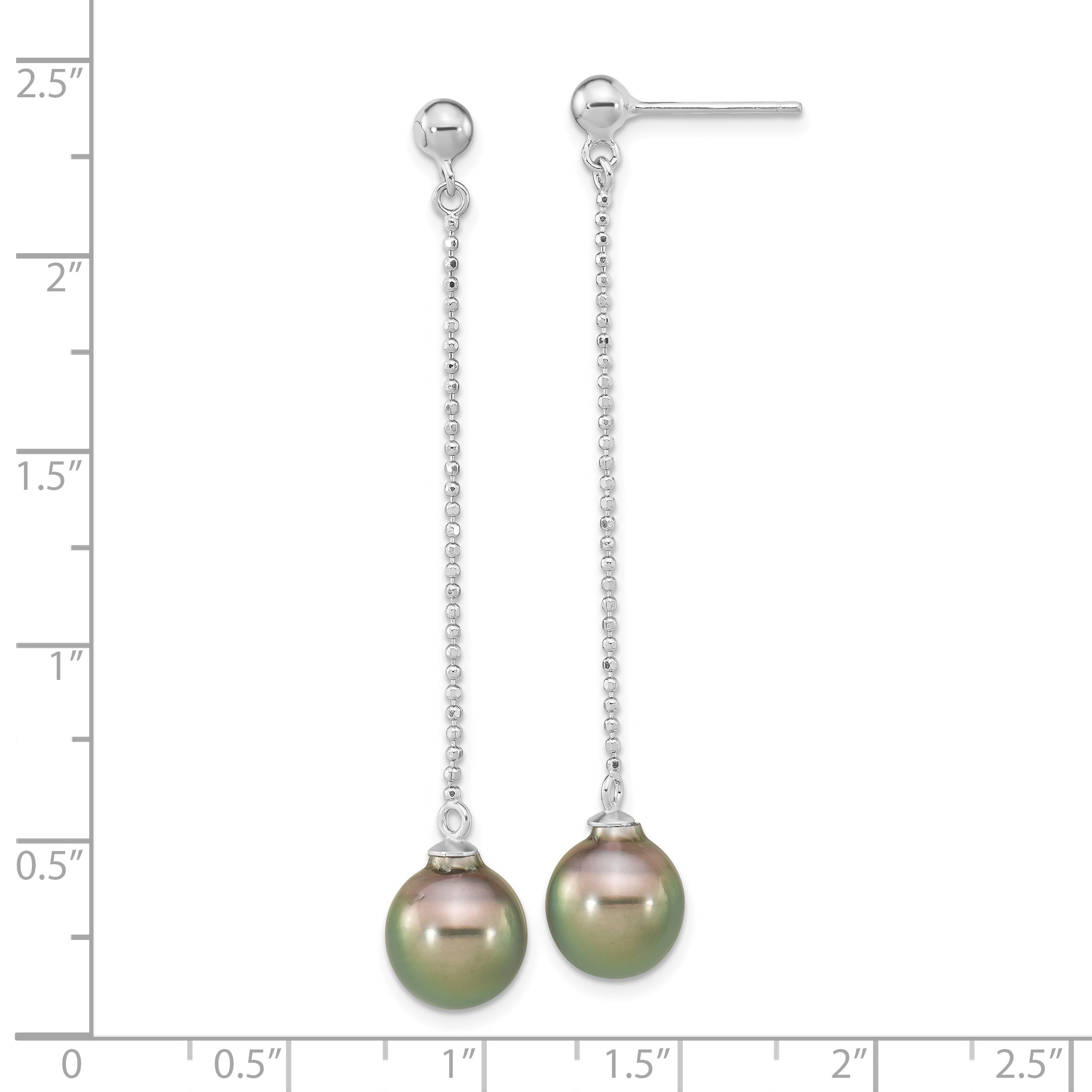 Sterling Silver Rhodium-plated Polished & Beaded 9-10mm Tahitian Saltwater Pearl Post Dangle Earrings