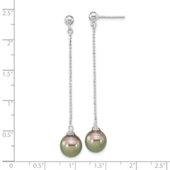 Sterling Silver Rhodium-plated Polished & Beaded 9-10mm Tahitian Saltwater Pearl Post Dangle Earrings