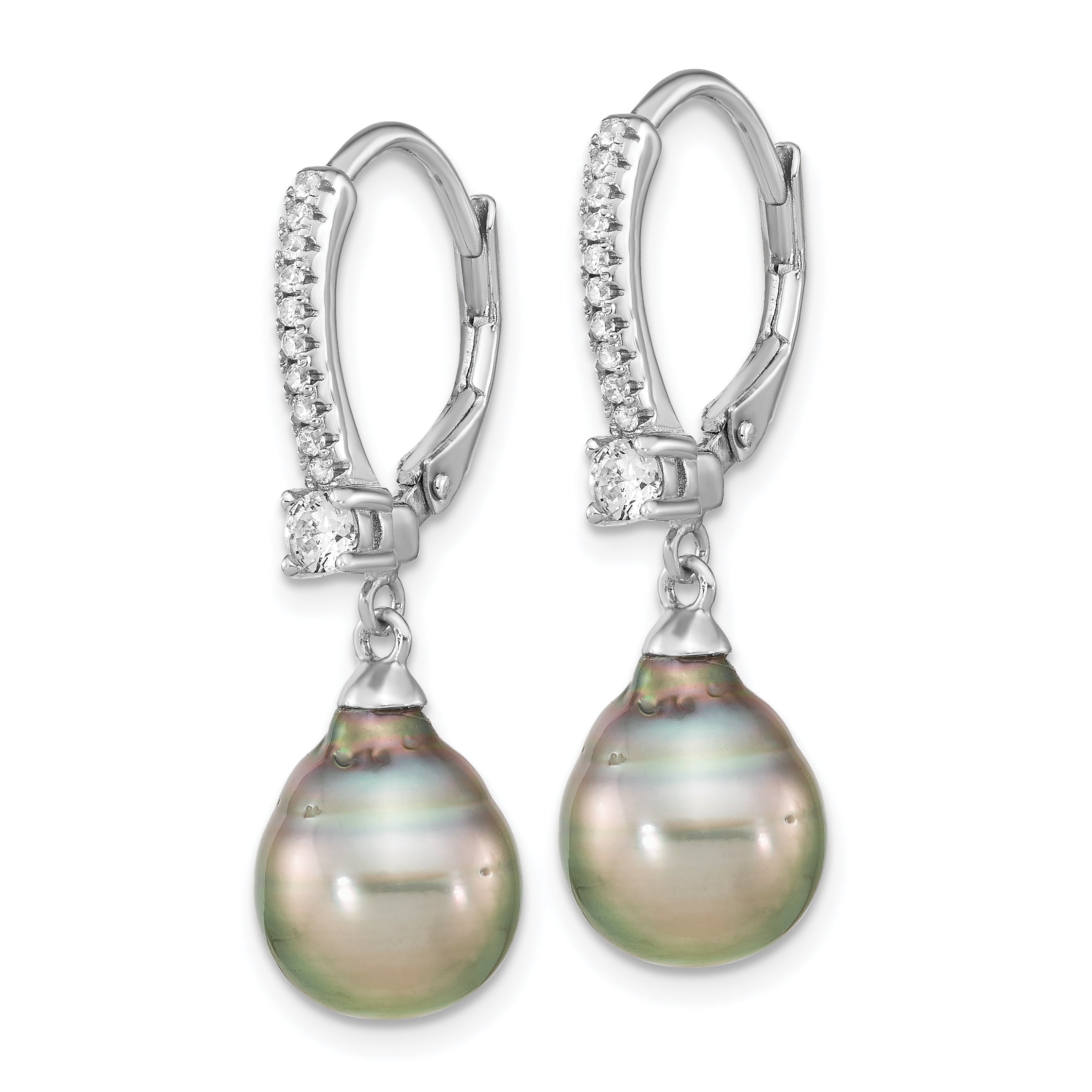 Sterling Silver Rhodium-plated Polished 9-10mm Tahitian Saltwater Pearl & CZ Leverback Dangle Earrings