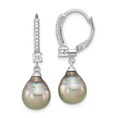 Sterling Silver Rhodium-plated Polished 9-10mm Tahitian Saltwater Pearl & CZ Leverback Dangle Earrings