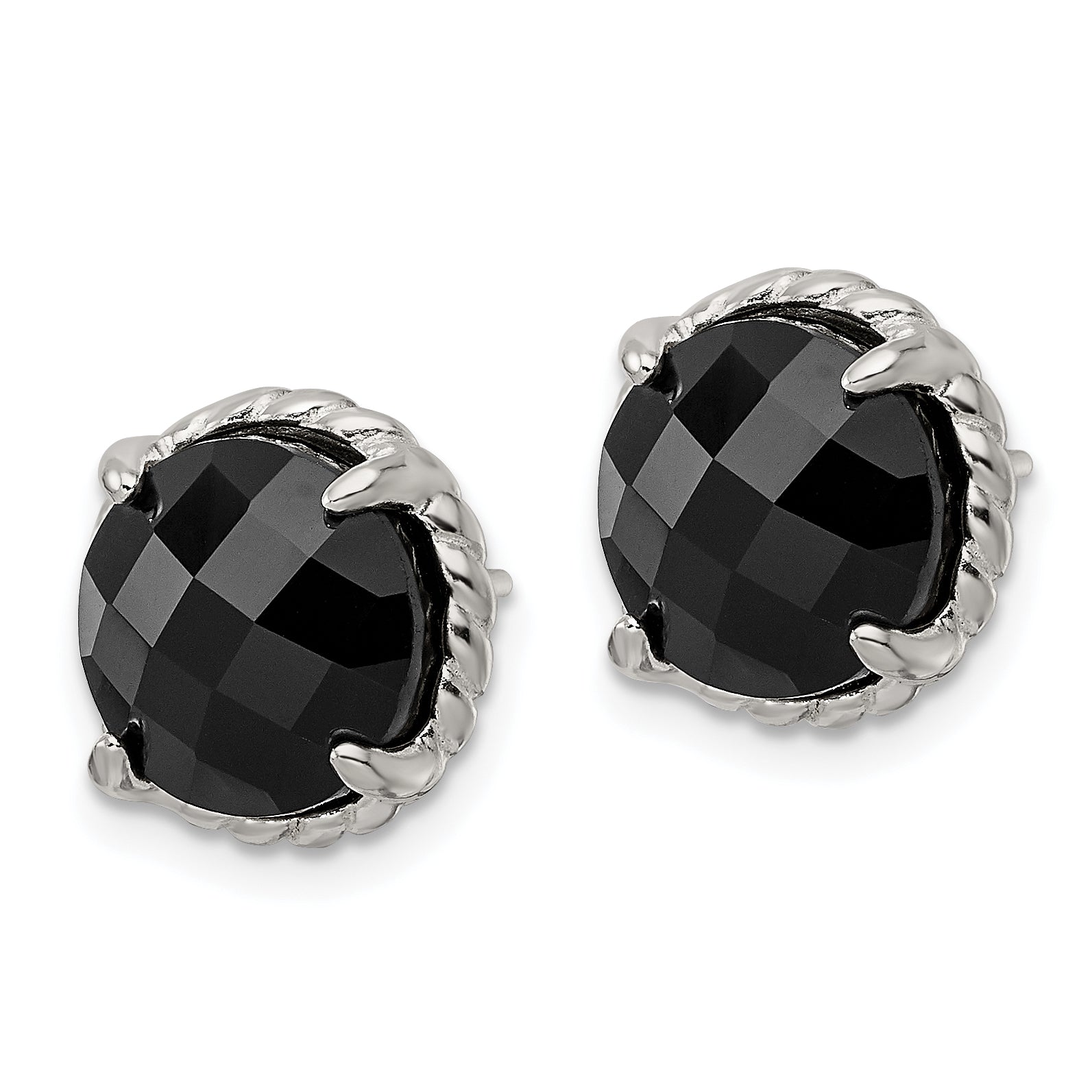 Sterling Silver Polished & Twisted Edge Round Onyx Post Earrings