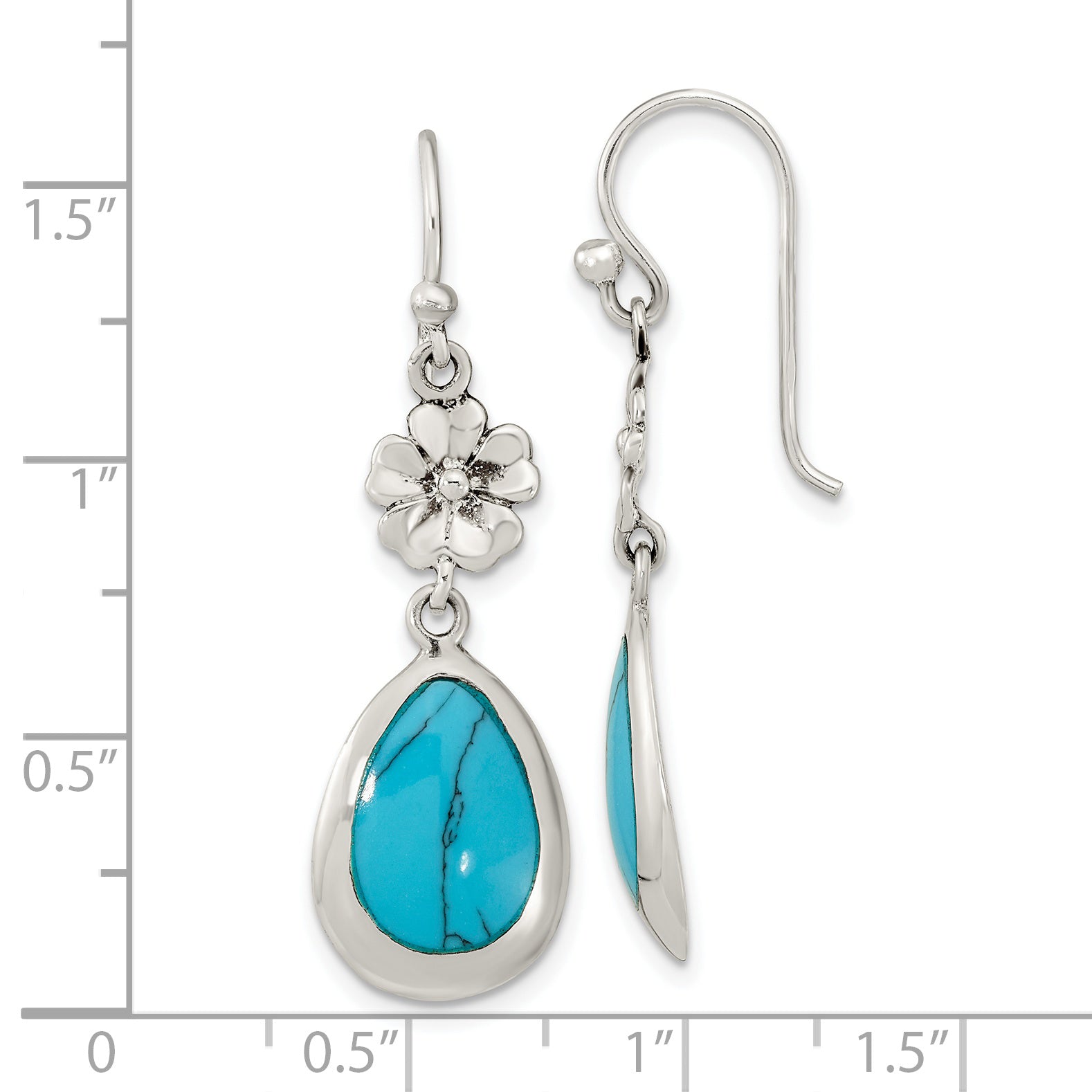 Sterling Silver Polished Recon. Turquoise Floral Teardrop Dangle Earrings