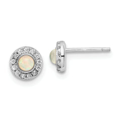 Sterling Silver Rhod-plated Polished Created Opal & CZ Halo Post Earrings