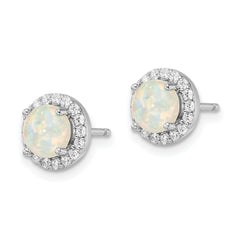 Sterling Silver RH-pltd Polished Created Opal/CZ Round Halo Post Earrings