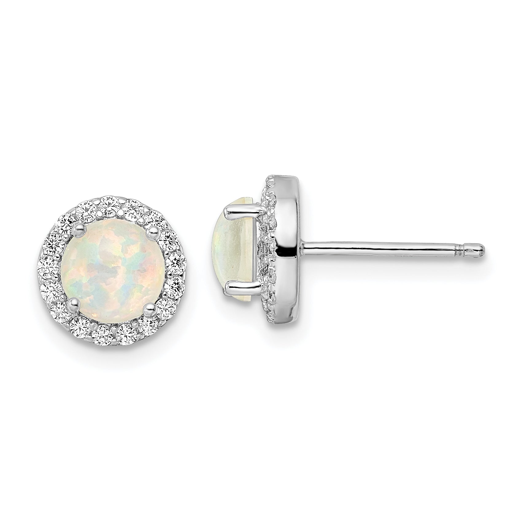 Sterling Silver RH-pltd Polished Created Opal/CZ Round Halo Post Earrings