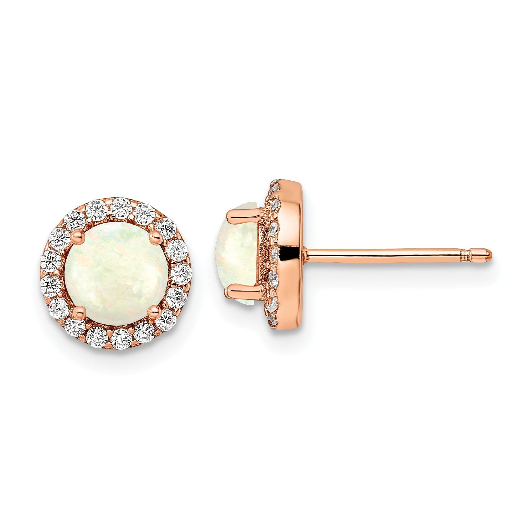 Sterling Silver Rose-tone Polished Created Opal & CZ Halo Post Earrings