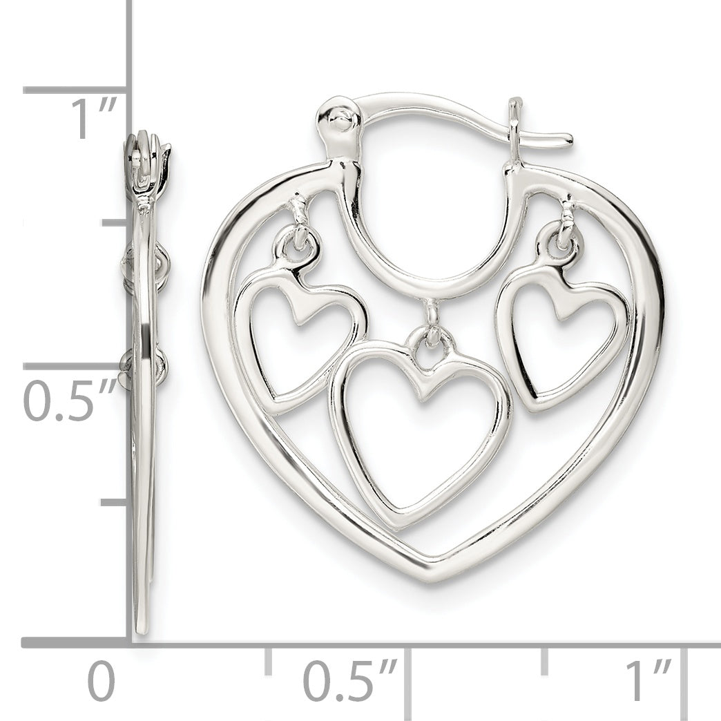 Sterling Silver 3-Hearts Hoop Earrings