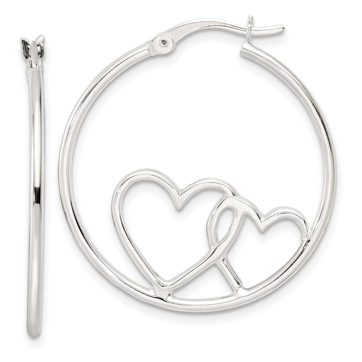 Sterling Silver Hearts Round 1.5x30mm Hoop Earrings