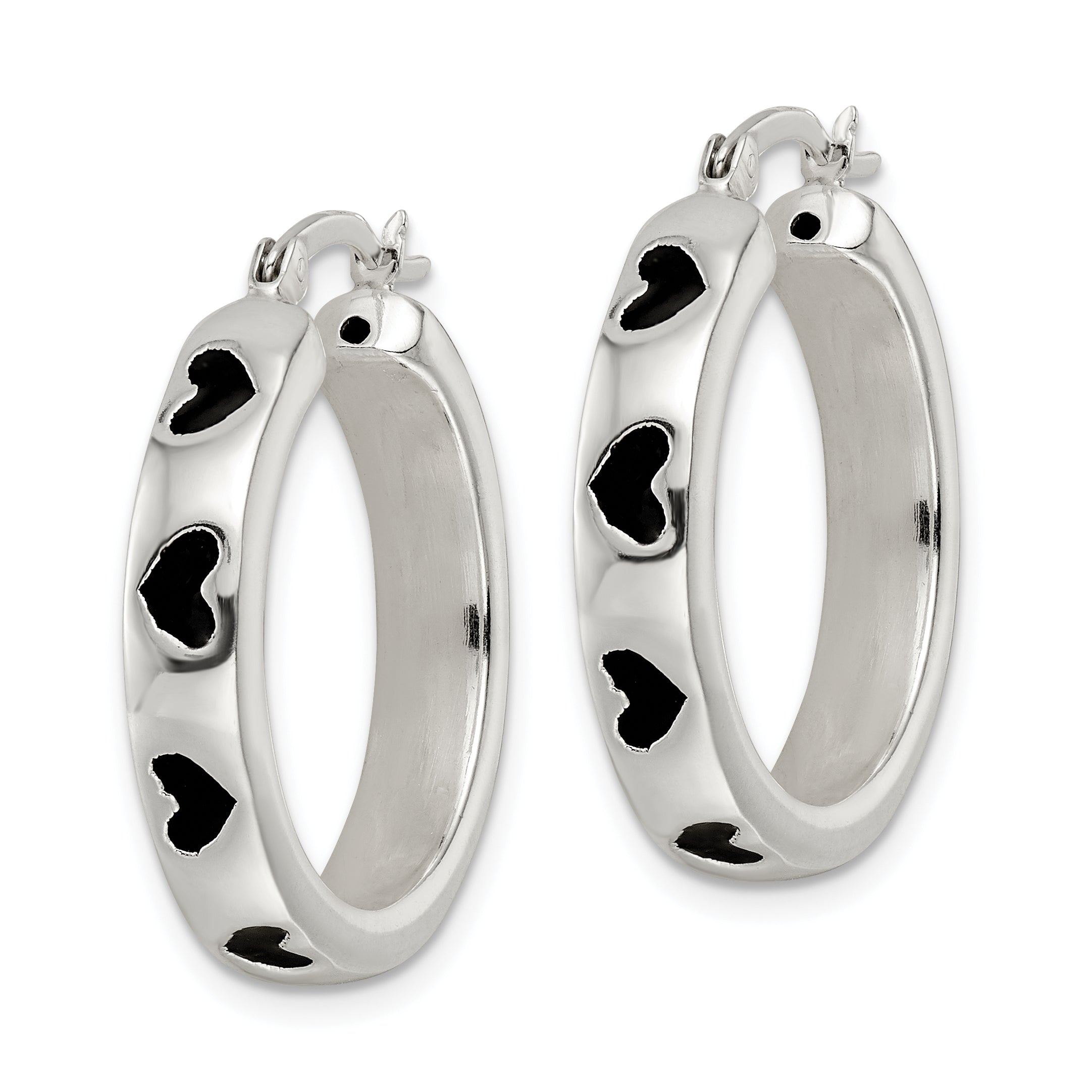 Sterling Silver Polished Black Enameled Hearts Circle Hoop Earrings