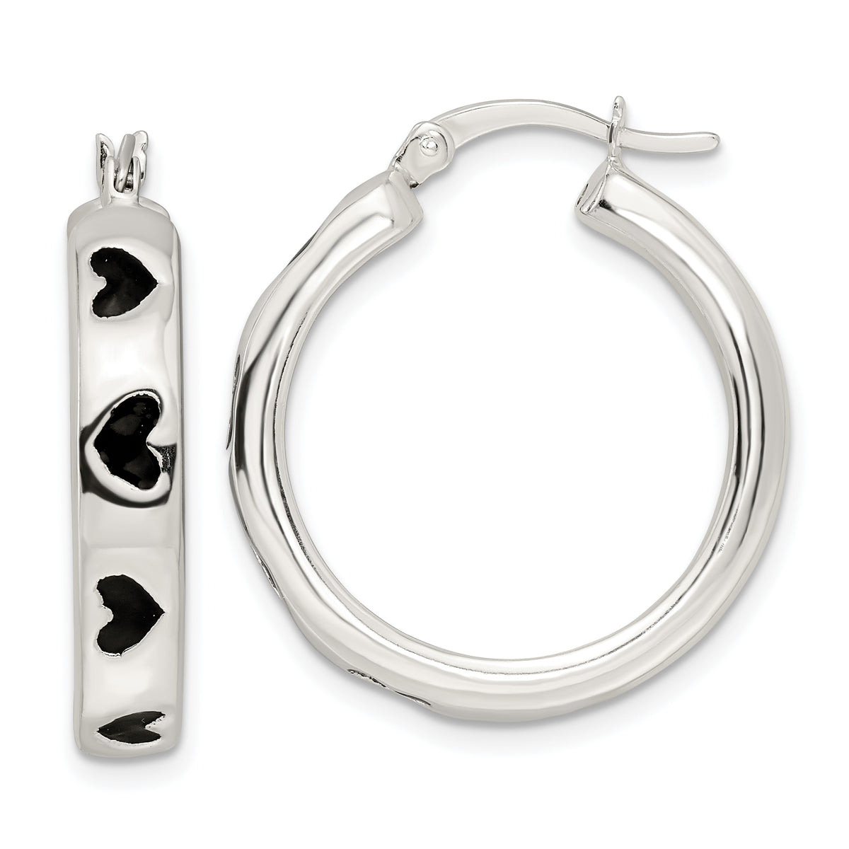 Sterling Silver Polished Black Enameled Hearts Circle Hoop Earrings