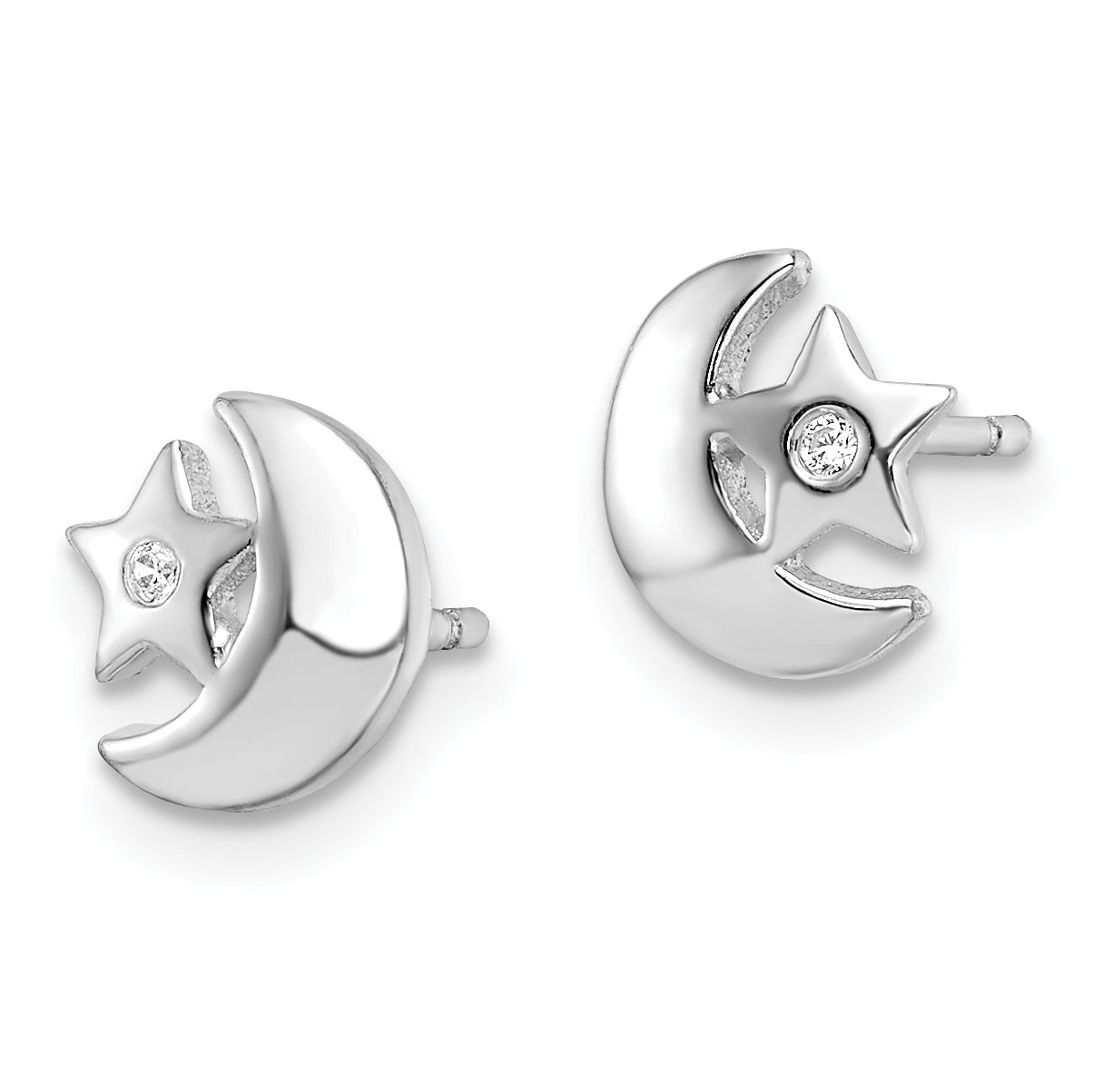 Sterling Silver Rhodium-plated CZ Star and Moon Post Earrings