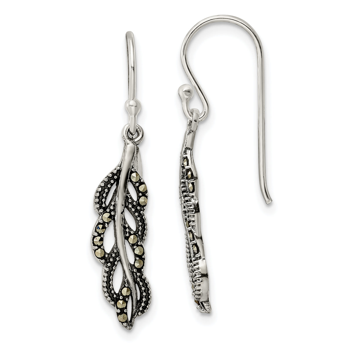 Sterling Silver Antiqued Marcasite Feather Dangle Earrings