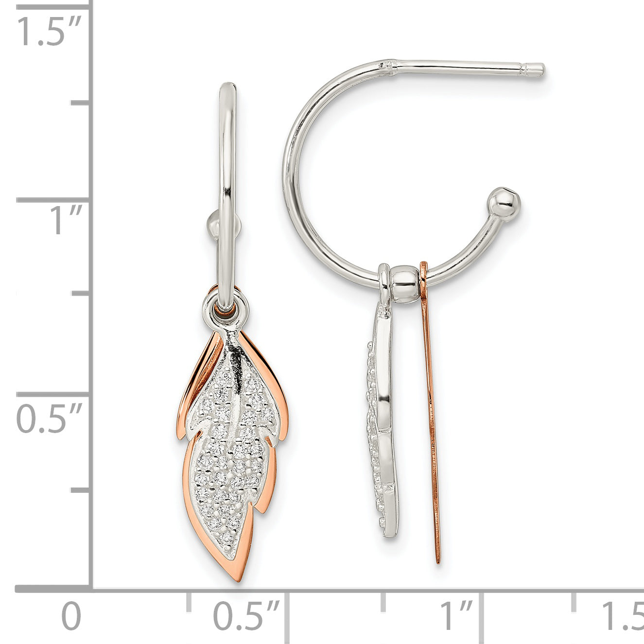 Sterling Silver Rose-tone Leaves CZ Hoop Post Earrings