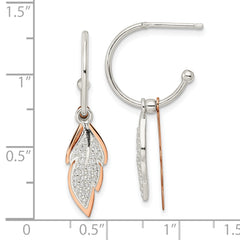 Sterling Silver Rose-tone Leaves CZ Hoop Post Earrings