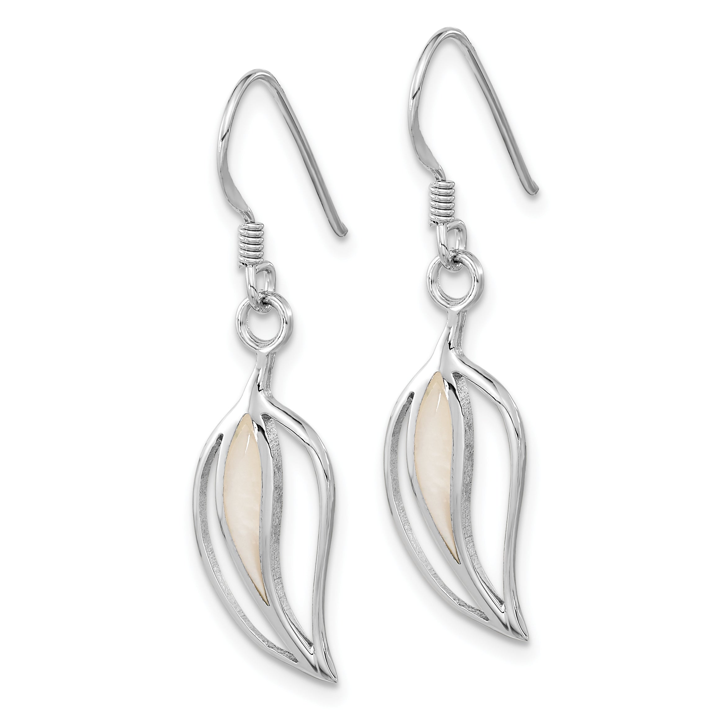 Sterling Silver Rhodium-plated Polished MOP Leaf Shepherds Hook Earrings