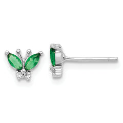 Sterling Silver Rhodium-plated Green & White CZ Butterfly Post Earrings